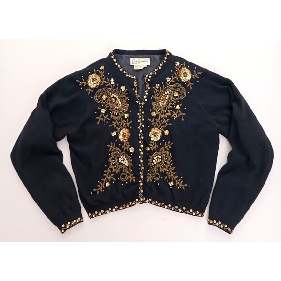 VTG Jay Jacobs Blk Lambswool Angora Cardigan Gold Beading  Lined Made in HK Sz M - Picture 1 of 9